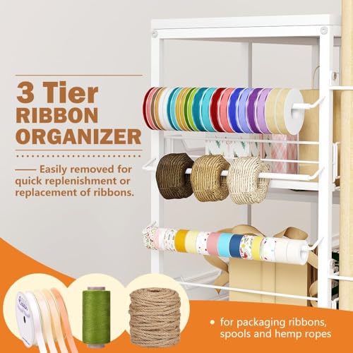 Rolling Gift Wrap Organizer Cart with 20 Roll Holders and 3 Drawers