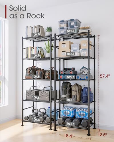 5-Tier Metal Storage Shelves Set of 2 - Black Garage & Pantry Organizer