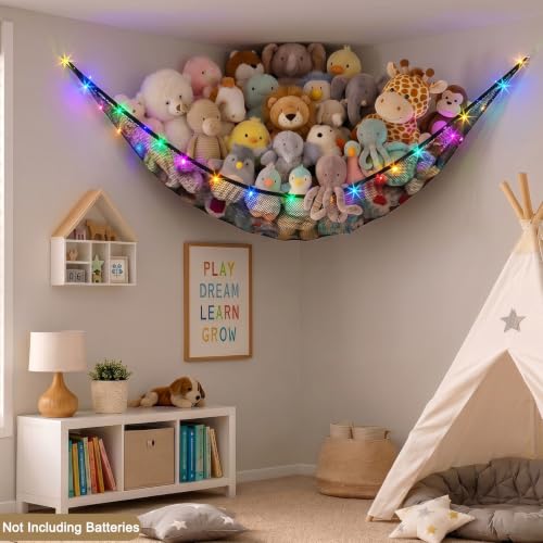 Stuffed Animal Hammock with LED Lights - Corner Toy Storage Organizer