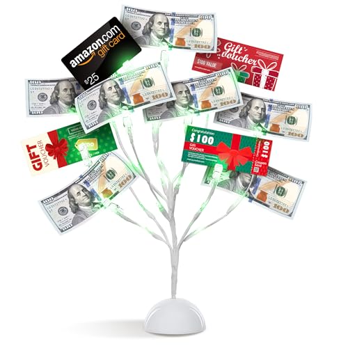 17-Inch LED Money Tree Gift Card Holder with 10 Clips, White Tabletop Stand