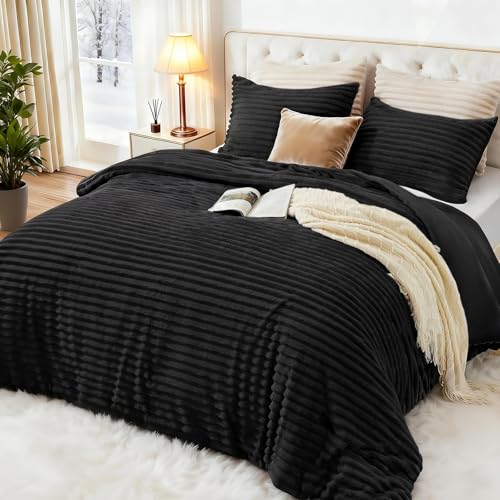 Fluffy Queen Comforter Set - 3 Piece Soft Faux Fur Stripe Bedding Set
