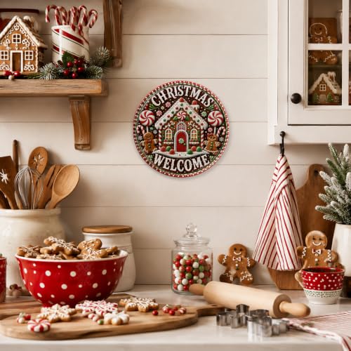 Christmas Welcome Gingerbread Metal Sign 8x8 Inch Round Holiday Decor - Brown, Red, White & Green