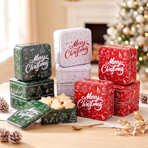 Qunclay 12 Pack Christmas Metal Cookie Tins with Lids for Holiday Gifting