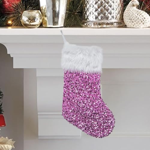 17-Inch Sparkly Sequin Christmas Stocking with Plush Cuff - Hot Pink
