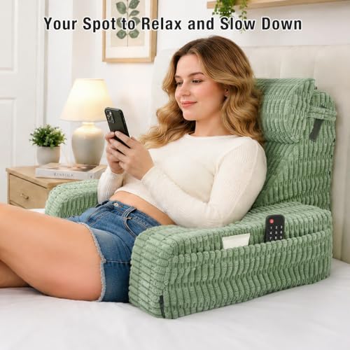 Ergonomic Reading Pillow with Large Pockets – 19" Backrest Cushion for Bed Sitting, Nursing, and Relaxing – Sage Green