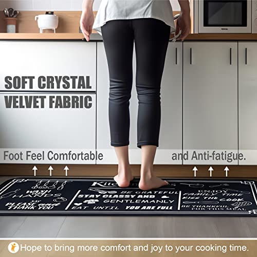 Black and White Kitchen Rug Set, 2-Piece Cushioned Non-Slip Runner Mats