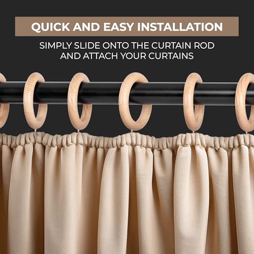 Inanosa 1.75 Inch Inner Beechwood Curtain Rings with Rust-Free Hooks – Pack of 24