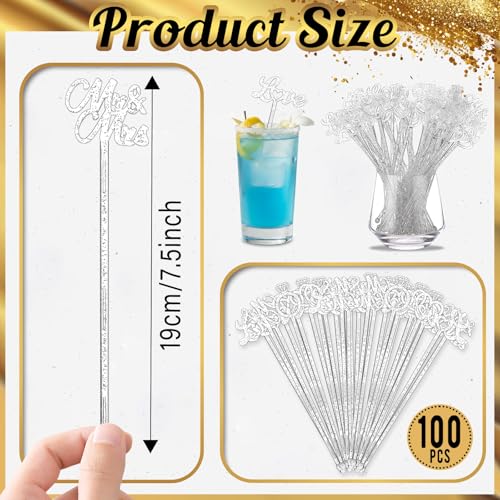 100 Pcs Wedding Drink Stirrers Glitter Silver Cocktail Picks Heart Ring Love US