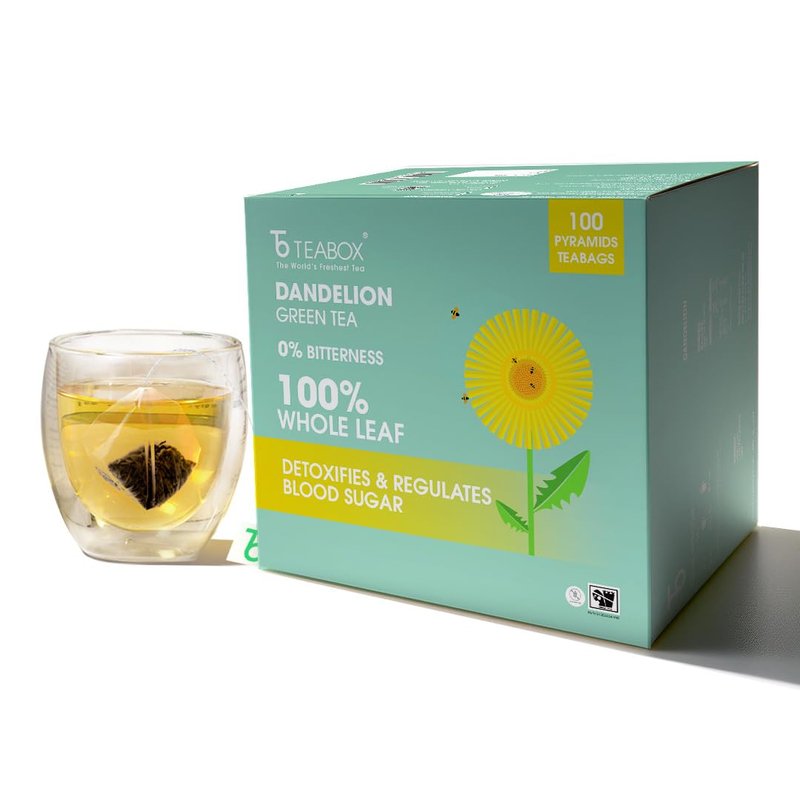 Teabox Premium Organic Green Tea With Dandelion Roots | 100% Whole Leaf Green Tea Leaves | 0% Bitterness | USDA ORGANIC | 100 Tea Bags