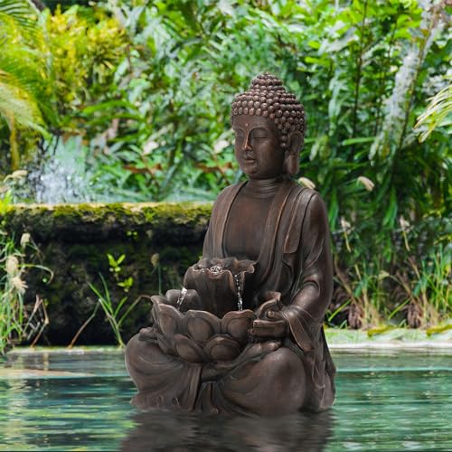 Zen Buddha Water Fountain with LED Lights - 23-Inch Indoor Outdoor Decor