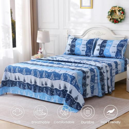Mooreeke King Snowflake Microfiber Bed Sheet Set - Blue Winter Print