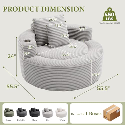 55-Inch Oversized Round Chaise Lounge Chair, Grey Corduroy Floor Sofa