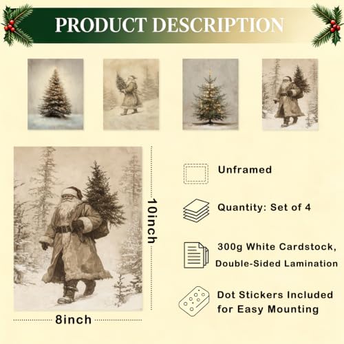 Yhliua Vintage Christmas Wall Art Set 8x10 Inches Unframed Holiday Prints - 10x8 Inch Variation