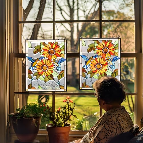 Stained Glass Window Hanging Panel - Sunflowers and Birds Design