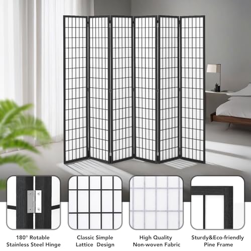 6-Panel Folding Room Divider, 6ft Japanese Shoji Privacy Screen, Black