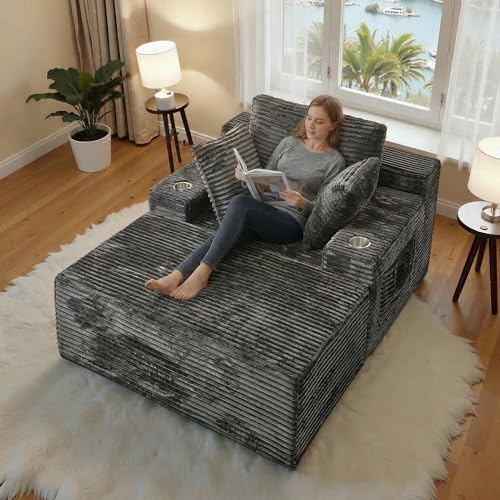 66-Inch Oversized Corduroy Chaise Lounge Chair with 3 Pillows - Grey