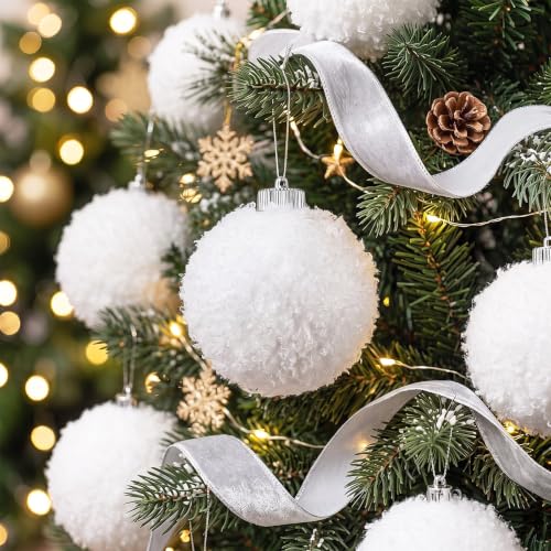 Soulchen 24 Pcs 3.15 Inch White Furry Christmas Ornaments Balls - Holiday Decor