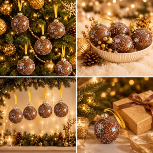 12 Pack Brown Gold Glass Christmas Ornaments 3 Inch Holiday Decor