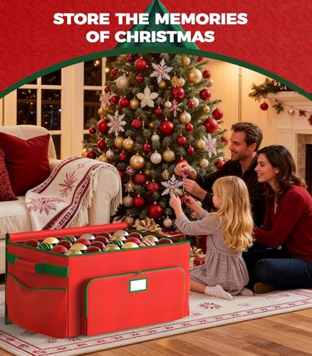 Large Christmas Ornament Storage Box with 72 Compartments, Durable 600D Fabric, Portable with Pockets