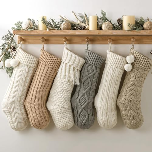 Pawliss White Gray Beige 18in Cable Knit Christmas Stockings (6 Pack) Farmhouse Rustic Personalised