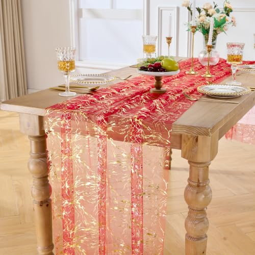 Red Gold 29x120 in Metallic Foil Tulle Table Runner - Crackle Sequin Wedding