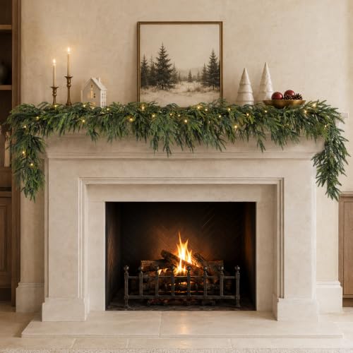 9FT NorfolK Pine Christmas Garland with 50 Warm LEDs, Battery-Operated