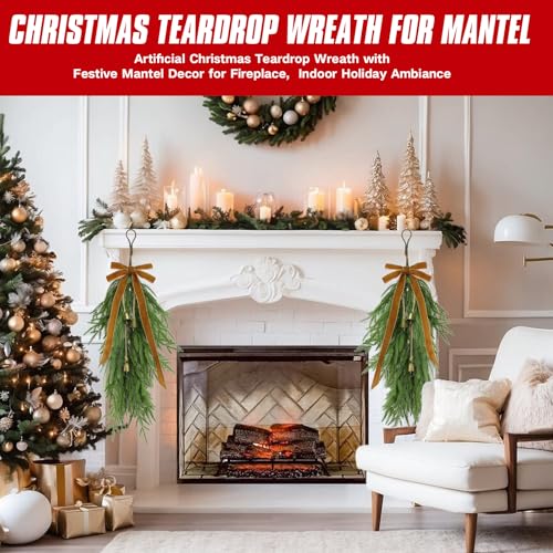 27-Inch Artificial Norfolk Pine Christmas Teardrop Swag with Velvet Bows & Bells