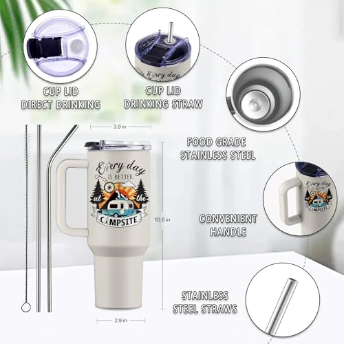 40oz Stainless Steel Camping Tumbler with Handle & Straw | Insulated Travel Mug