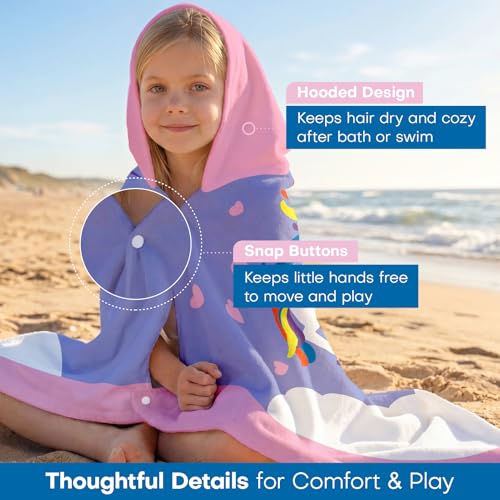 Kids Hooded Beach Towel - 100% Soft Cotton Bath Wrap with Snaps (50" x 30")