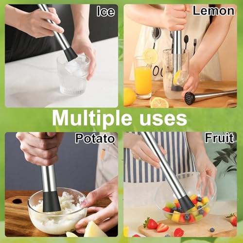 SZDGGZ 2 Pcs 10'' Stainless Steel Cocktail Muddler & Spoon Set for Bartenders & Home Bar