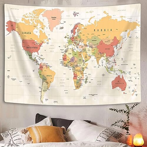 Topographic World Map Tapestry - Beige Fabric Wall Hanging (40x30 in)