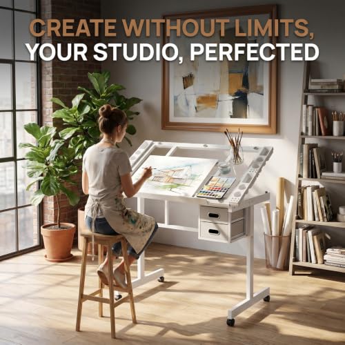 Adjustable Glass Top Drawing Table with Storage Drawers & Wheels