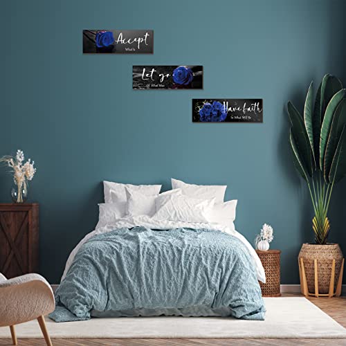 3-Piece Inspirational Floral Wooden Wall Art Set - Blue Rose Decor 12x4 Inch