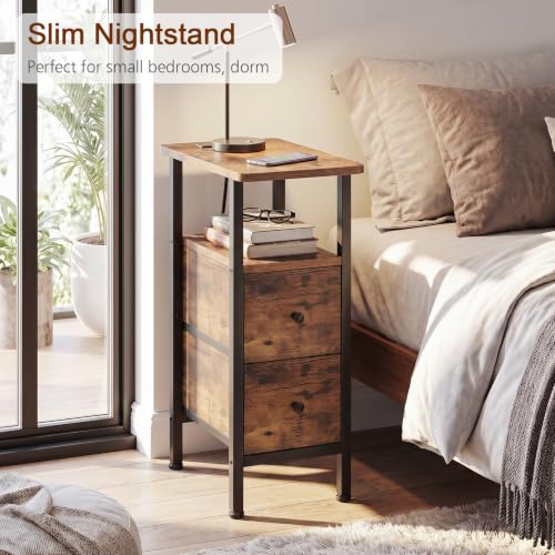 Narrow End Table with Charging Station & Fabric Drawers - Rustic Brown