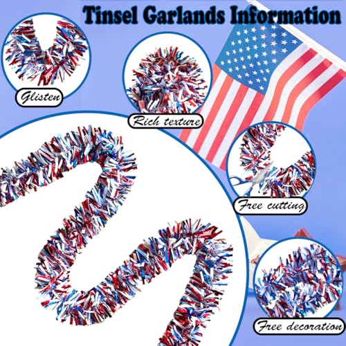 33ft Red White and Blue Patriotic Tinsel Garland for 4th of July Decor