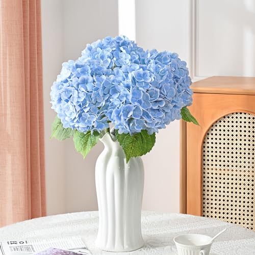 Real Touch Artificial Hydrangea Flowers 21" Large Stems, 3-Pack (Blue)