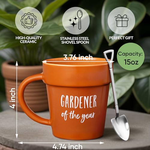 VELENTI Gardener Coffee Mug with Shovel Spoon - Funny Plant Pot Design, 320ml - Gift for Gardener, Mom, Dad, Nature Lover
