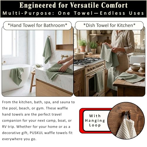 Turkish Cotton Waffle Hand Towel Set - 32x16 Inch Sage Green Kitchen Towels