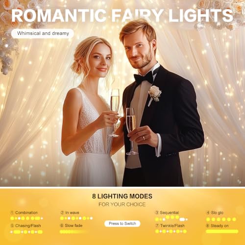 HOLITS White 10x10ft Tulle Backdrop with 300 LED Fairy Lights, USB, 2 Panels for Wedding & Party