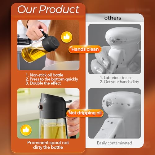 2-in-1 Glass Olive Oil Sprayer and Pour Dispenser Bottle for Cooking (16 oz)