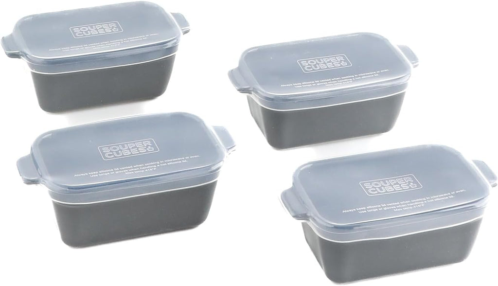 Souper Cubes Stoneware Baking Dishes - Premium Mini Ceramic Oven Dishes with Silicone Covers, Set of 4 | 5" x 3", Charcoal