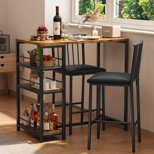 3-Piece Bar Dining Table Set with 2 Cushioned Chairs and Storage Shelves