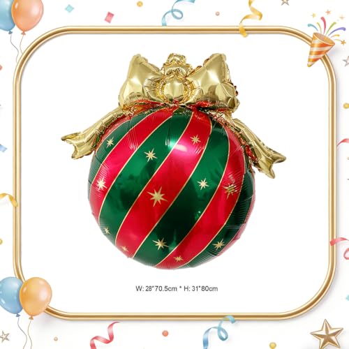 Christmas Bauble Balloon Set 6Pk – Red Green White & Gold Striped 28x31" Aluminum Foil Decor