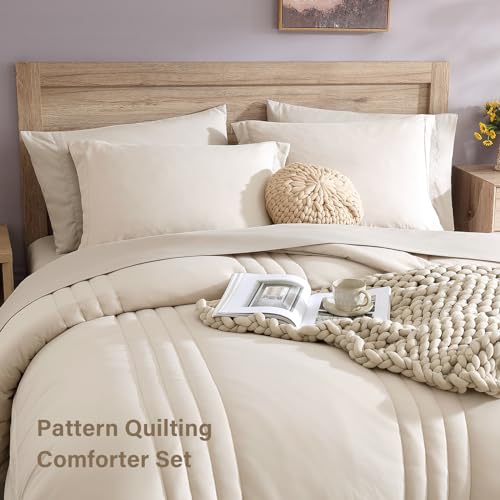 Beige 7-Piece Queen Comforter Set - Soft All-Season Bed in a Bag with Sheets