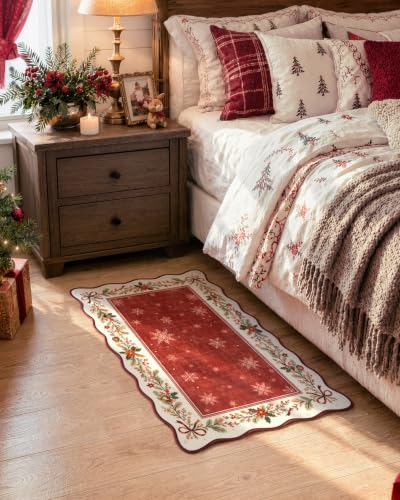 Lahome Red Christmas Kitchen Rug 2x3 with Scalloped Edges, Holiday Entryway Mat