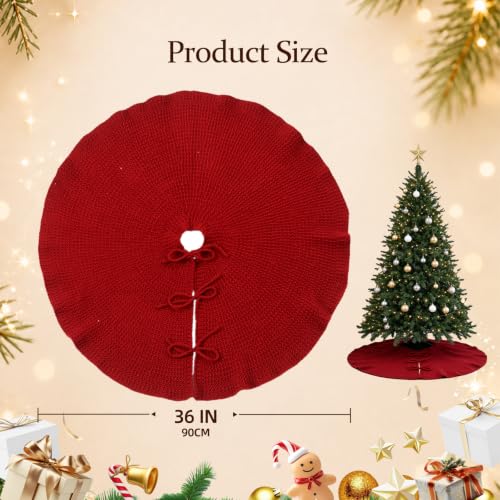 36 Inch Wine Red Knit Christmas Tree Skirt - Rustic Holiday Decor