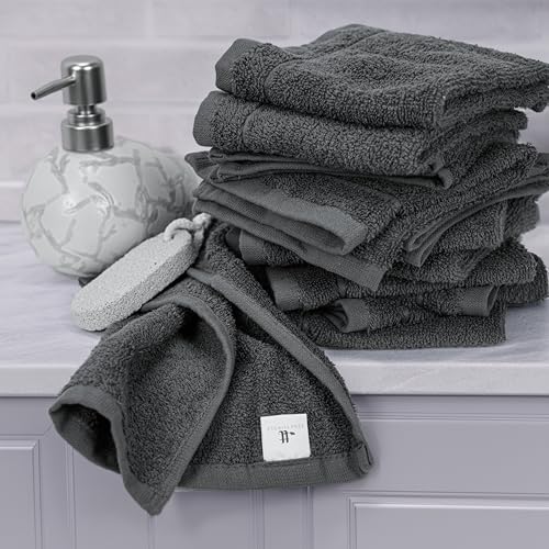 Tens Towels 12 Pack Washcloths Set 12x12 Inches Dark Grey – Soft Cotton, Eco-Friendly