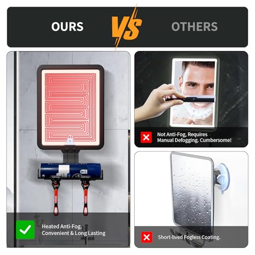 Suupvaor Black Heated Fogless Shower Mirror for Shaving 9.5x7in, Rechargeable
