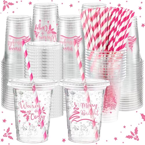 Sliner 180 Pcs Christmas Cups with Lids & Straws - 60 Sets, Rose Red/Classic