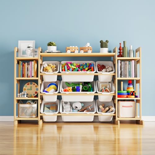 9-Bin Toy Storage Organizer with Wooden Shelving for Kids Playroom